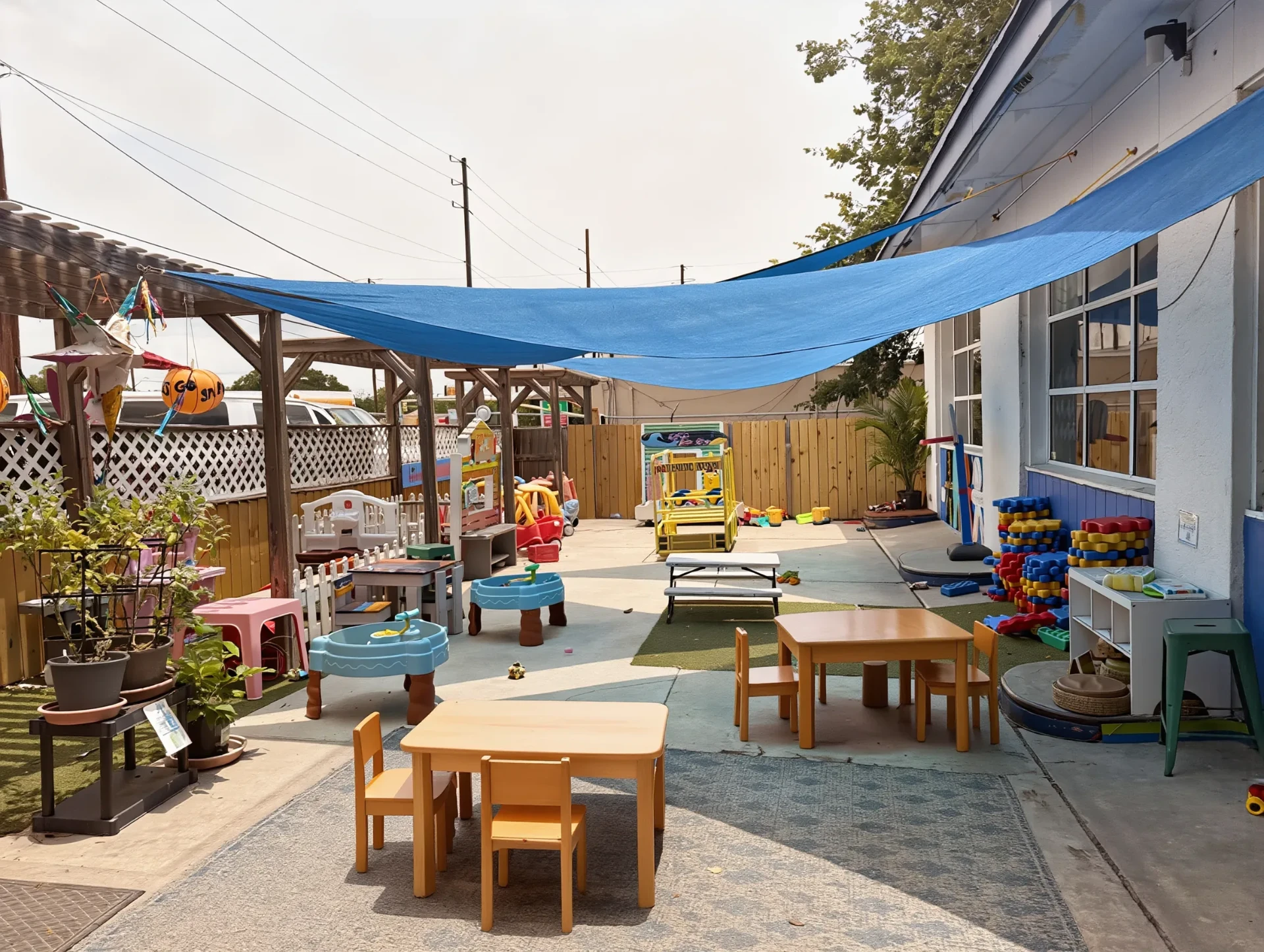 Outdoor play yard with shaded play areas, kid-sized tables, and toys behind a fully enclosed fence